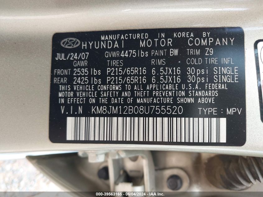 2008 Hyundai Tucson Gls VIN: KM8JM12B08U755520 Lot: 39563165