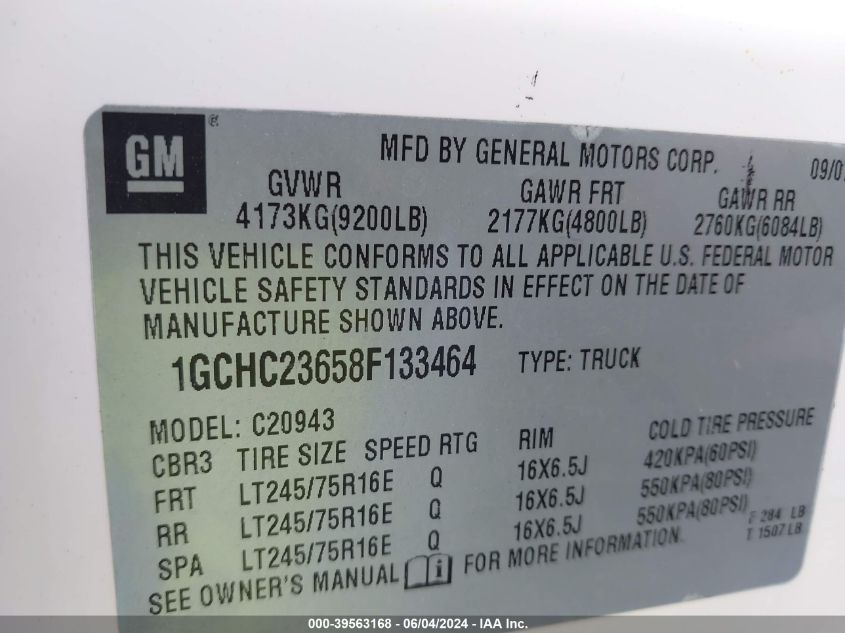 2008 Chevrolet Silverado 2500Hd Lt1 VIN: 1GCHC23658F133464 Lot: 39563168