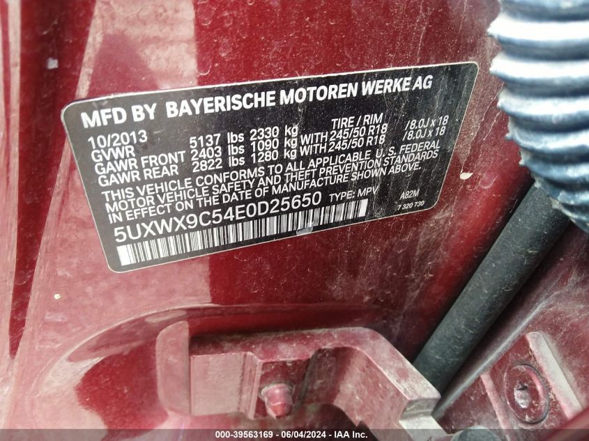 2014 BMW X3 xDrive28I VIN: 5UXWX9C54E0D25650 Lot: 39563169