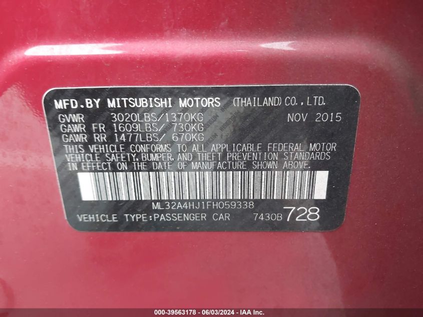 2015 Mitsubishi Mirage Rf VIN: ML32A4HJ1FH059338 Lot: 39563178