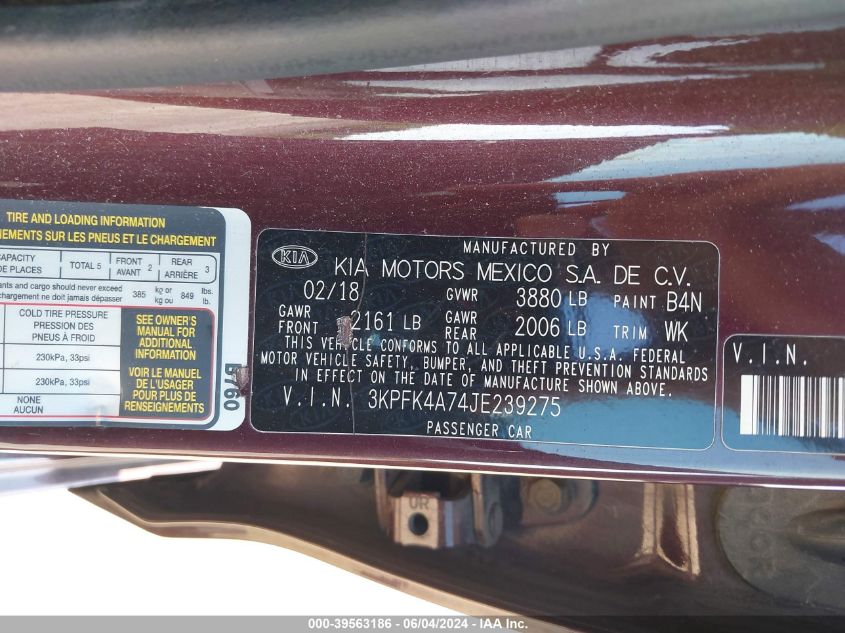 2018 Kia Forte Lx VIN: 3KPFK4A74JE239275 Lot: 39563186