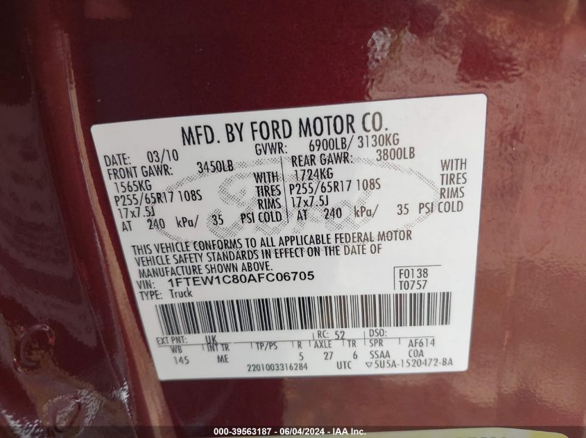 2010 Ford F-150 Fx2 Sport/Xl/Xlt VIN: 1FTEW1C80AFC06705 Lot: 39563187