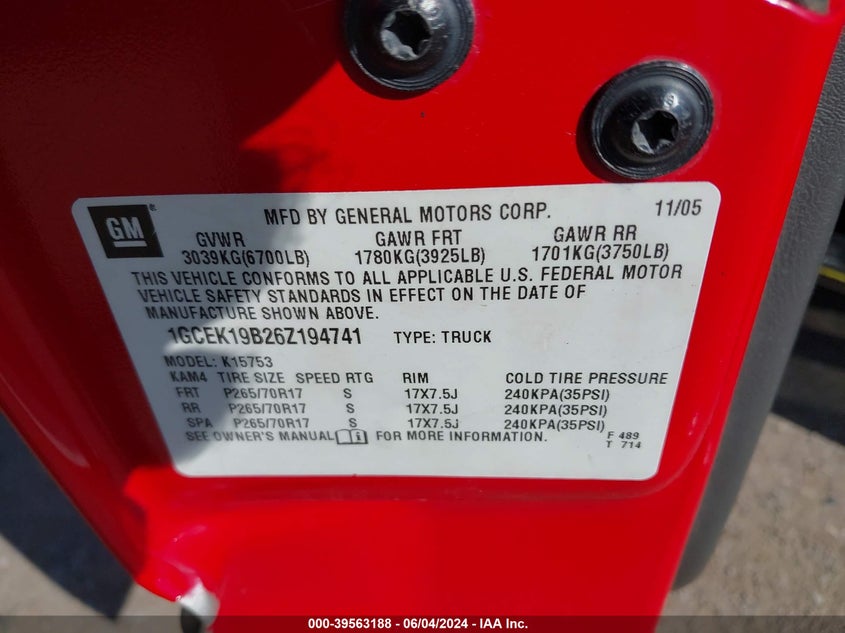 2006 Chevrolet Silverado 1500 Lt1 VIN: 1GCEK19B26Z194741 Lot: 39563188