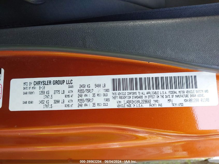 2010 Jeep Wrangler Unlimited Sport VIN: 1J4BA3H10AL229602 Lot: 39563204