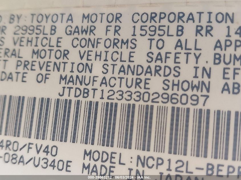 2003 Toyota Echo VIN: JTDBT123330296097 Lot: 39563212