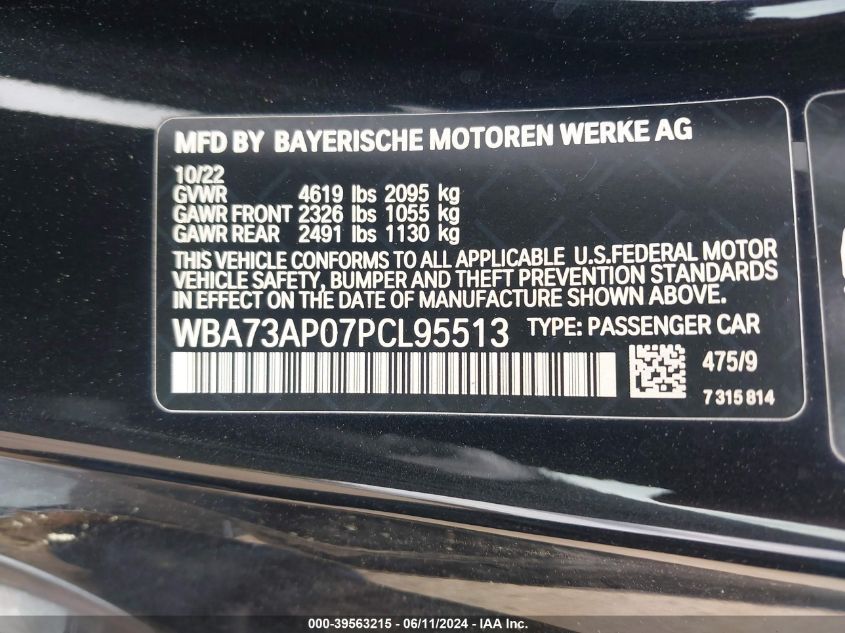 2023 BMW 430I xDrive VIN: WBA73AP07PCL95513 Lot: 39563215