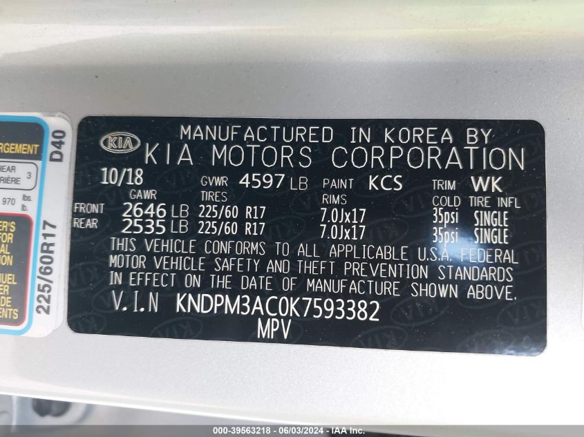 2019 Kia Sportage Lx VIN: KNDPM3AC0K7593382 Lot: 39563218