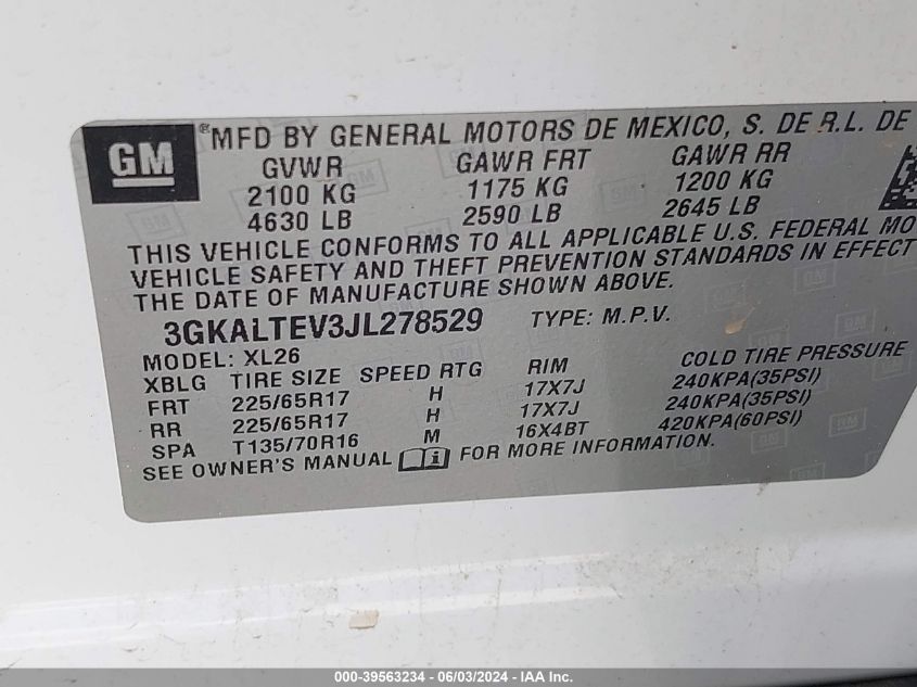 2018 GMC Terrain Sle VIN: 3GKALTEV3JL278529 Lot: 39563234