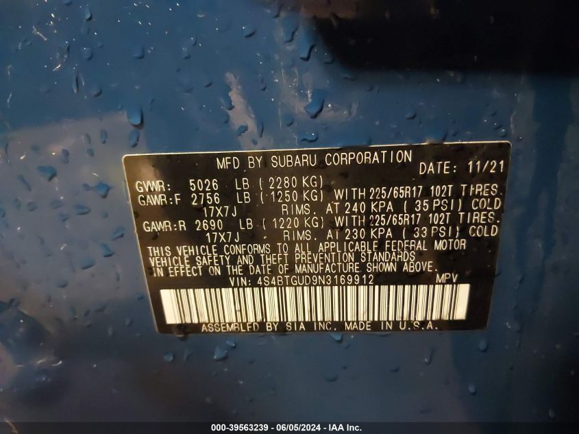 2022 Subaru Outback Wilderness VIN: 4S4BTGUD9N3169912 Lot: 39563239