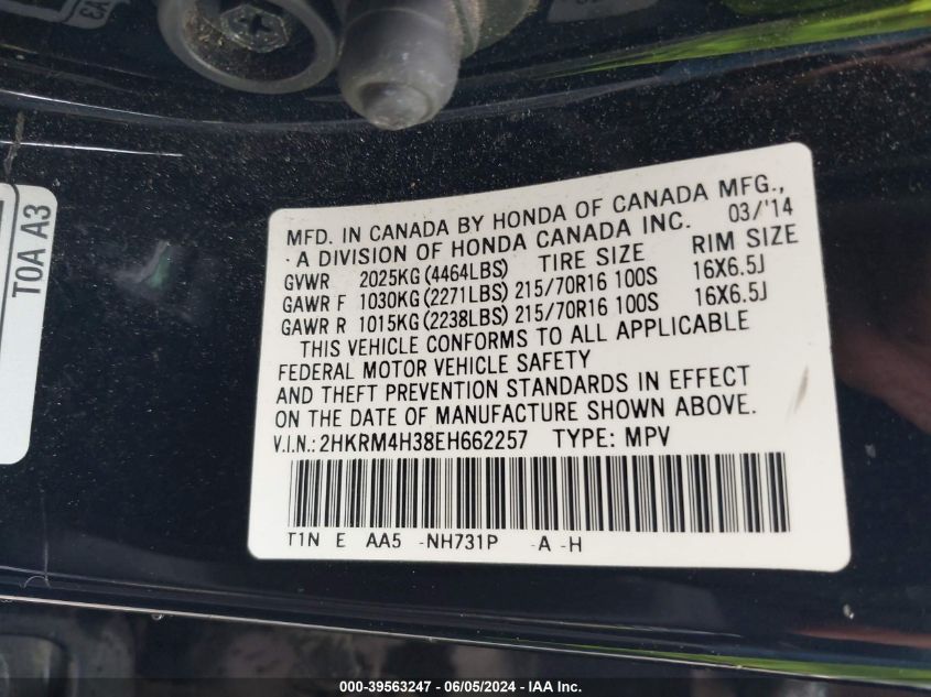 2014 Honda Cr-V Lx VIN: 2HKRM4H38EH662257 Lot: 39563247