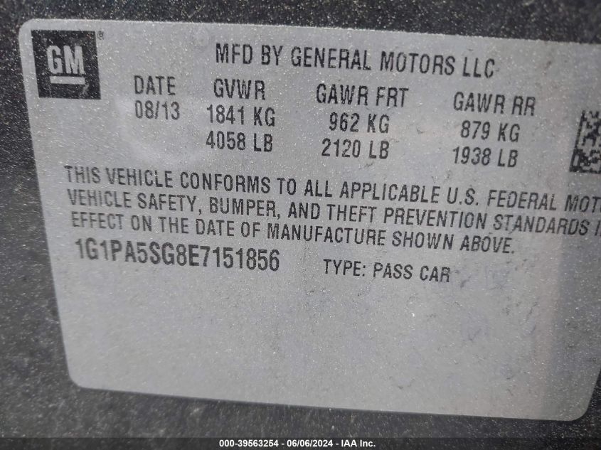 2014 Chevrolet Cruze Ls Auto VIN: 1G1PA5SG8E7151856 Lot: 39563254