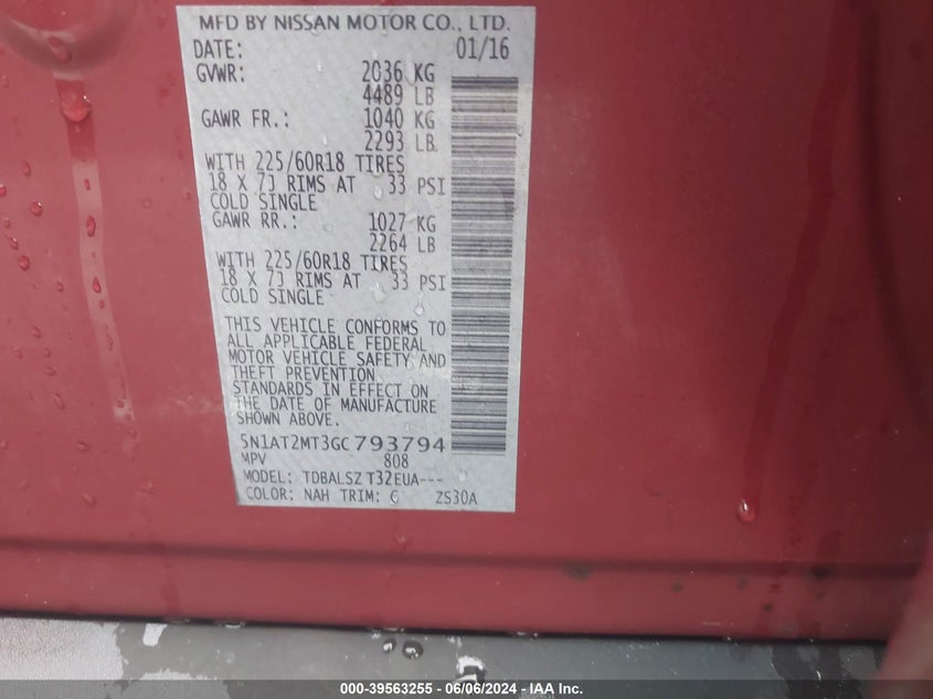 2016 Nissan Rogue Sl VIN: 5N1AT2MT3GC793794 Lot: 39563255