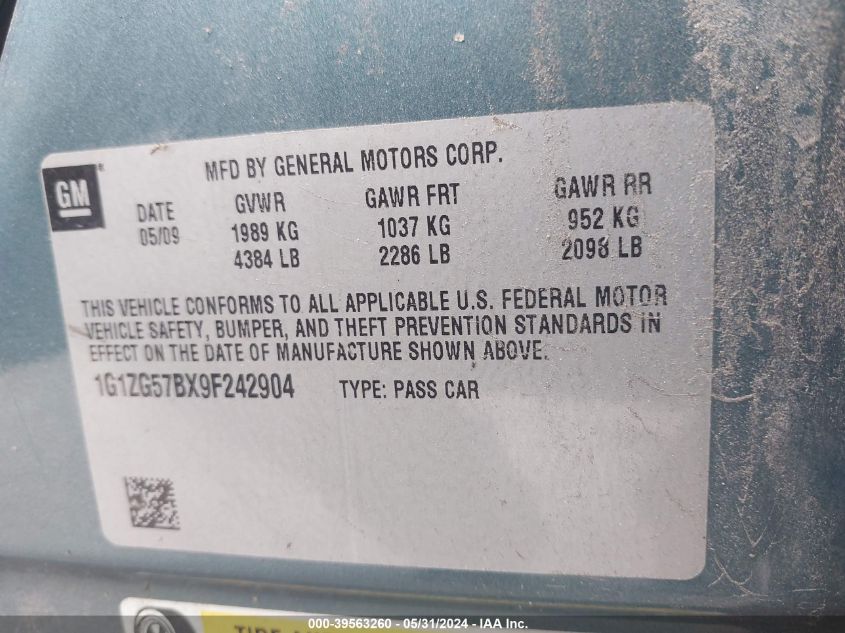 2009 Chevrolet Malibu Ls VIN: 1G1ZG57BX9F242904 Lot: 39563260