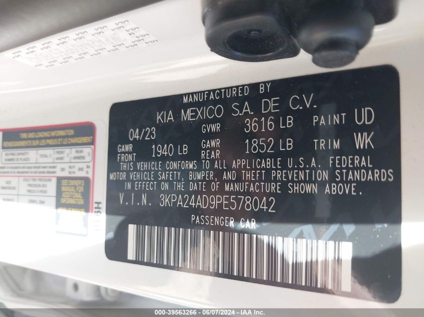 2023 Kia Rio S VIN: 3KPA24AD9PE578042 Lot: 39563266