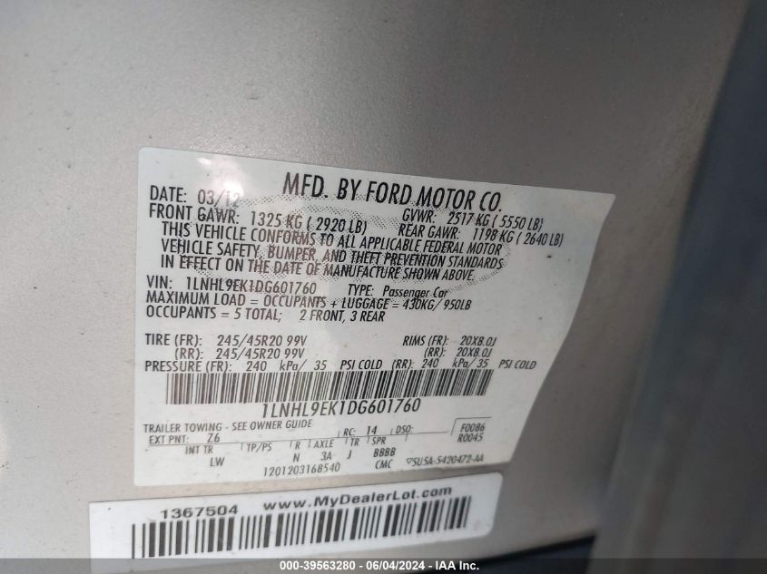 2013 Lincoln Mks VIN: 1LNHL9EK1DG601760 Lot: 39563280