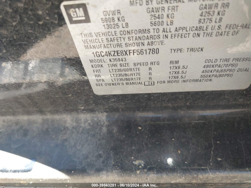2015 Chevrolet Silverado 3500Hd Lt VIN: 1GC4KZE8XFF561780 Lot: 39563281