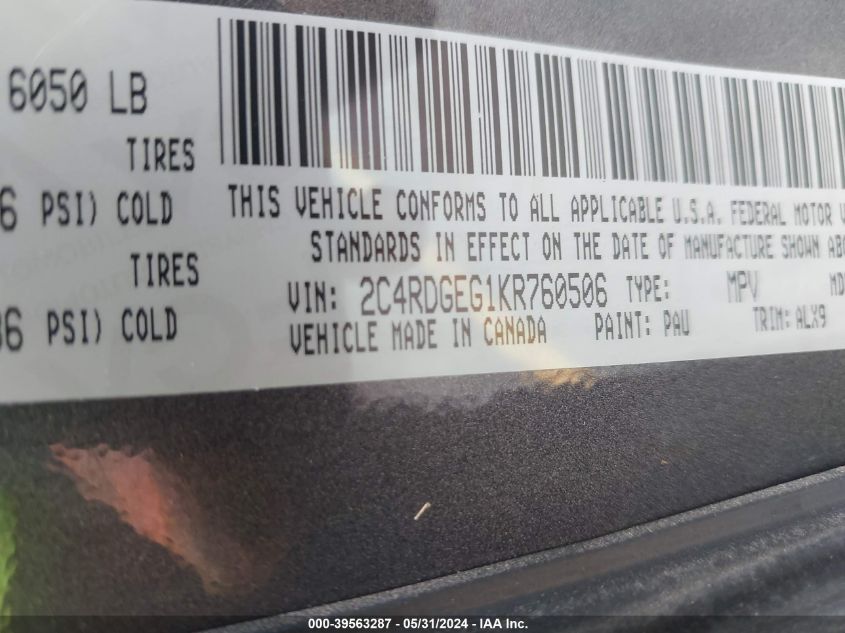 2019 Dodge Grand Caravan Gt VIN: 2C4RDGEG1KR760506 Lot: 39563287