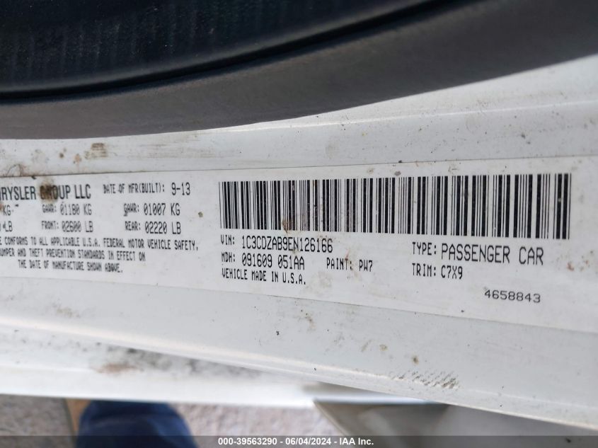 2014 Dodge Avenger Se VIN: 1C3CDZAB9EN126166 Lot: 39563290