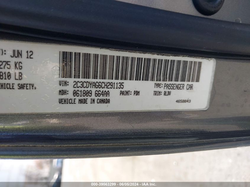 2012 Dodge Challenger Sxt VIN: 2C3CDYAG6CH291135 Lot: 39563299