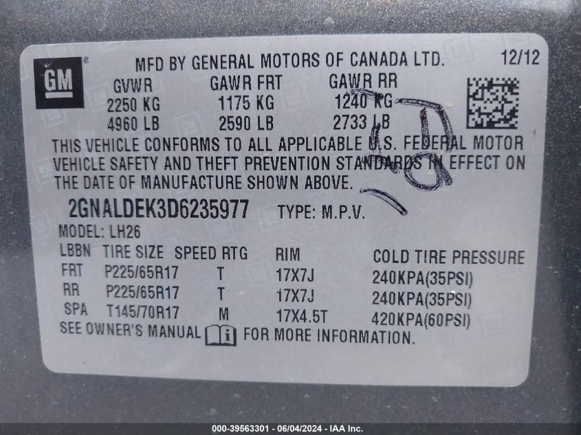 2013 Chevrolet Equinox 1Lt VIN: 2GNALDEK3D6235977 Lot: 39563301