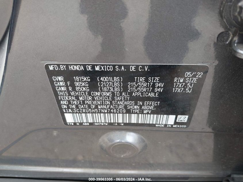 2022 Honda Hr-V 2Wd Ex VIN: 3CZRU5H57NM746209 Lot: 39563305