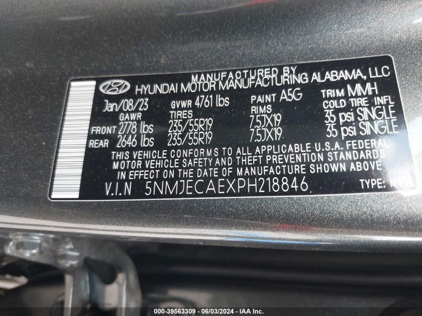 2023 Hyundai Tucson Limited VIN: 5NMJECAEXPH218846 Lot: 39563309