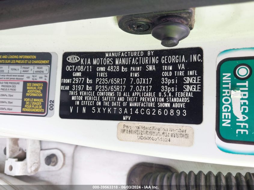 2012 Kia Sorento Lx VIN: 5XYKT3A14CG260893 Lot: 39563318