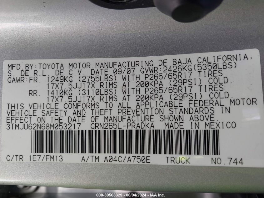 2008 Toyota Tacoma Prerunner V6 VIN: 3TMJU62N68M053217 Lot: 39563329
