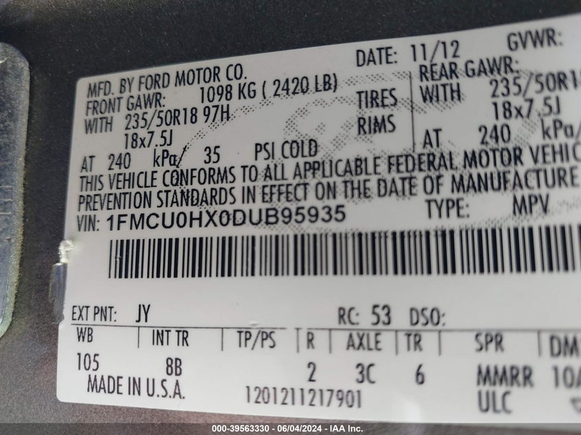 2013 Ford Escape Sel VIN: 1FMCU0HX0DUB95935 Lot: 39563330