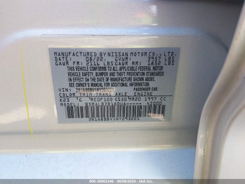 2022 Nissan Sentra S Xtronic Cvt VIN: 3N1AB8BV1NY293221 Lot: 39563346