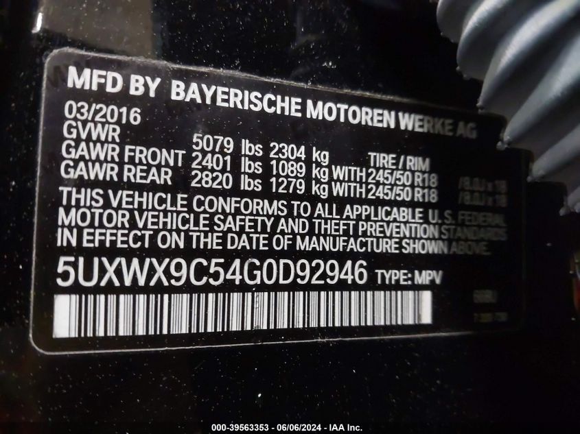 2016 BMW X3 xDrive28I VIN: 5UXWX9C54G0D92946 Lot: 39563353