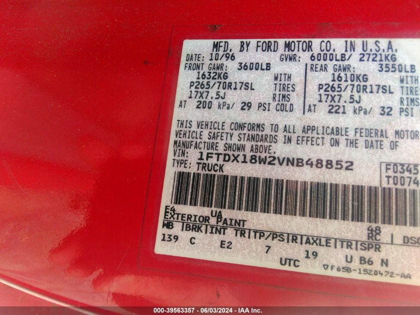 1997 Ford F-150 Lariat/Xl/Xlt VIN: 1FTDX18W2VNB48852 Lot: 39563357