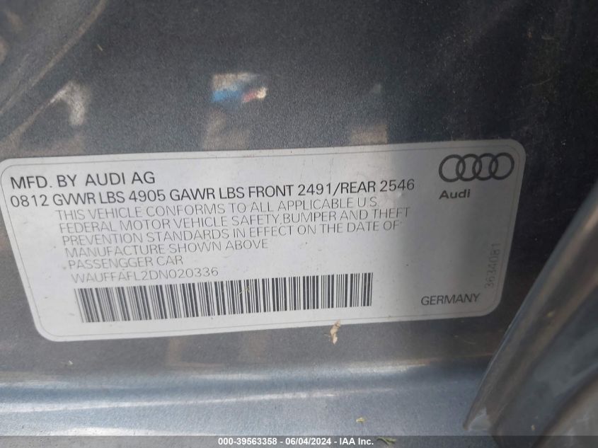 2013 Audi A4 2.0T Premium VIN: WAUFFAFL2DN020336 Lot: 39563358