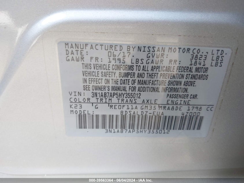 2017 Nissan Sentra Sv VIN: 3N1AB7AP5HY355012 Lot: 39563364