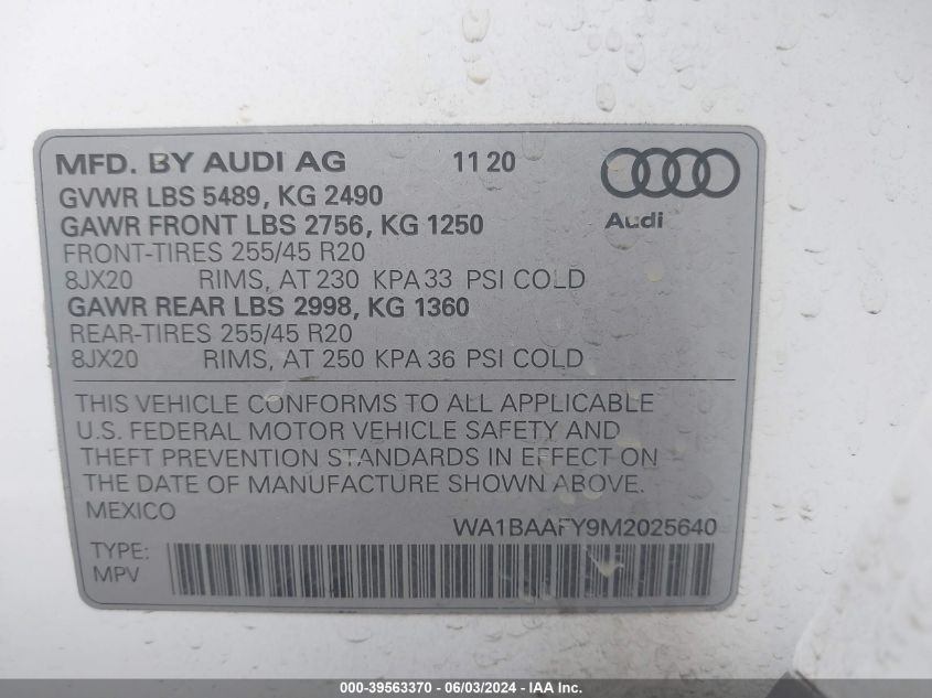 2021 Audi Q5 Premium Plus 45 Tfsi Quattro S Tronic VIN: WA1BAAFY9M2025640 Lot: 39563370