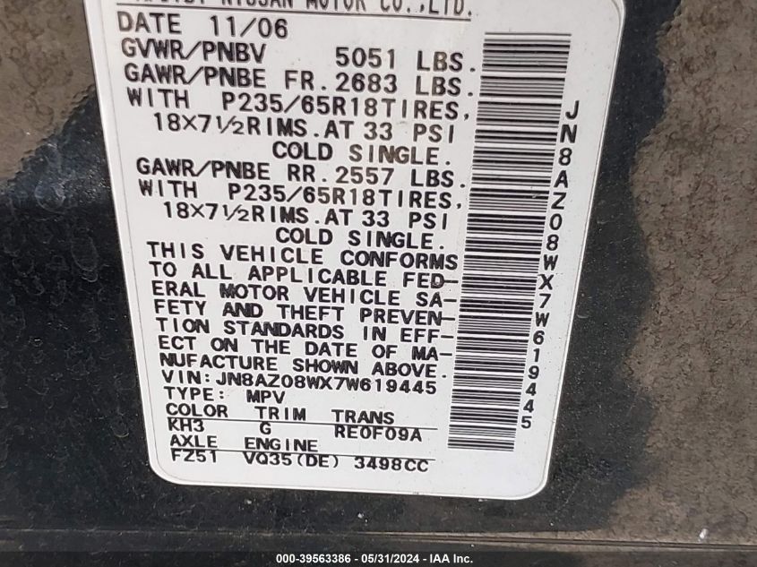 2007 Nissan Murano S VIN: JN8AZ08WX7W619445 Lot: 39563386