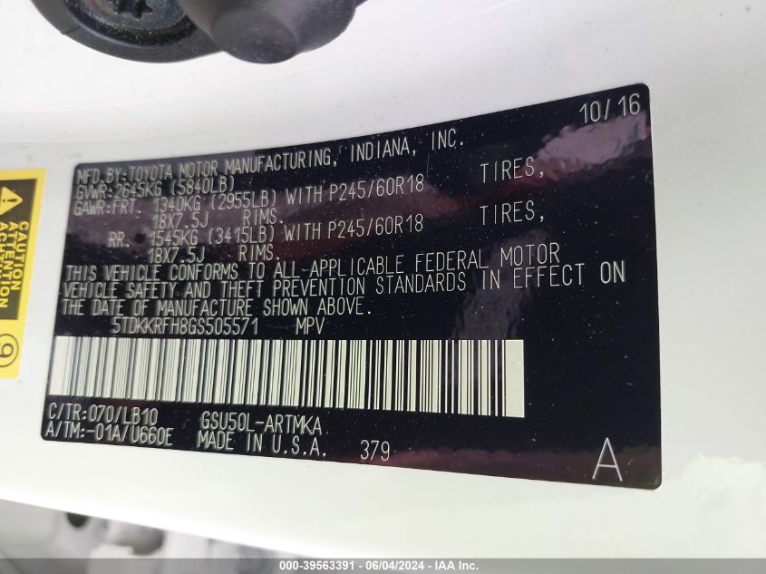 2016 Toyota Highlander Xle V6 VIN: 5TDKKRFH8GS505571 Lot: 39563391