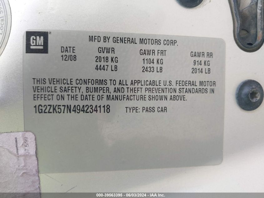 2009 Pontiac G6 New Gt VIN: 1G2ZK57N494234118 Lot: 39563395