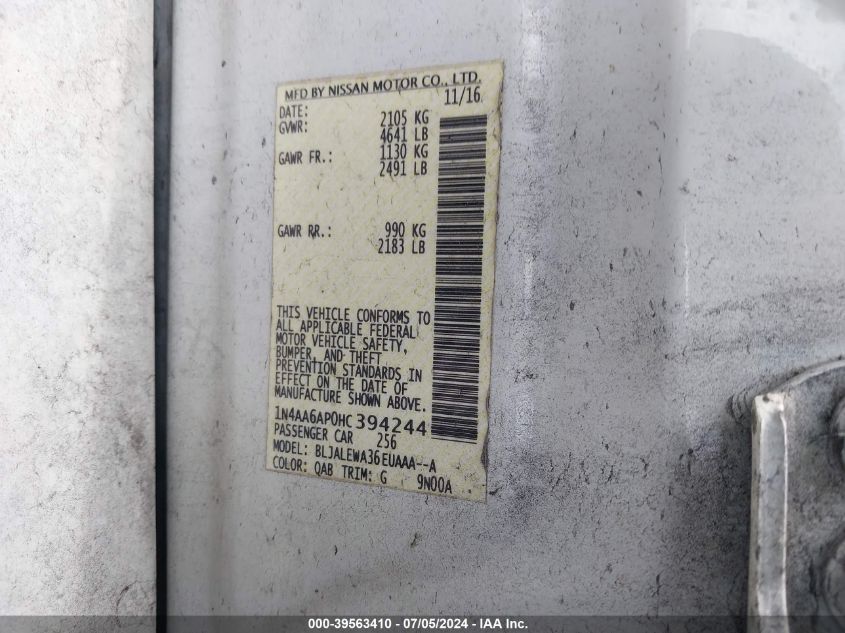 2017 Nissan Maxima 3.5 Sl VIN: 1N4AA6AP0HC394244 Lot: 39563410
