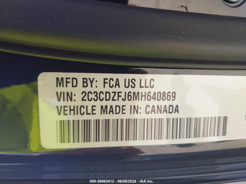 2021 Dodge Challenger R/T Scat Pack Widebody VIN: 2C3CDZFJ6MH640869 Lot: 39563412