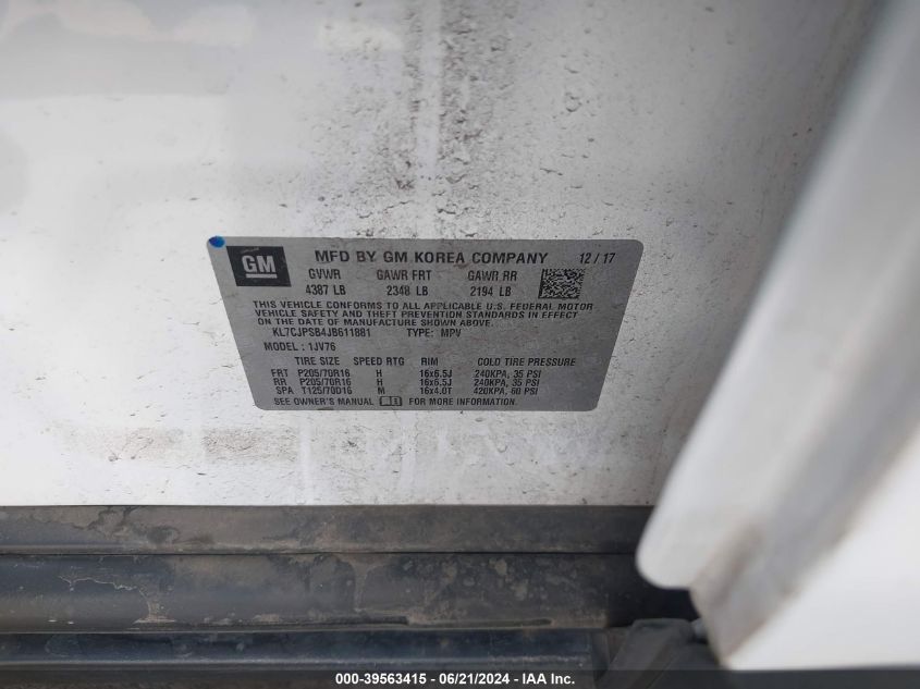 2018 Chevrolet Trax Lt VIN: KL7CJPSB4JB611881 Lot: 39563415