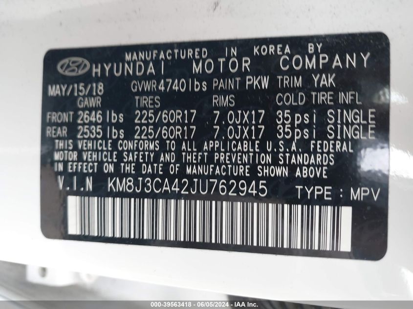 KM8J3CA42JU762945 2018 Hyundai Tucson Sel Plus