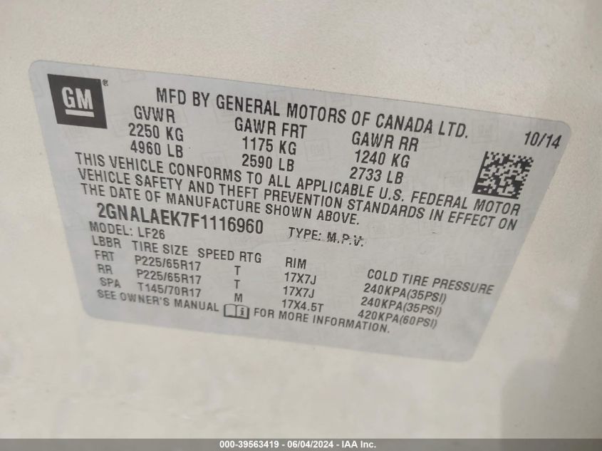 2015 Chevrolet Equinox Ls VIN: 2GNALAEK7F1116960 Lot: 39563419