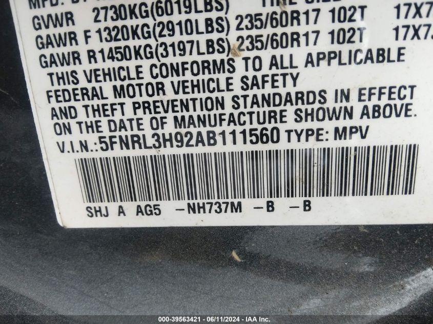 2010 Honda Odyssey Touring VIN: 5FNRL3H92AB111560 Lot: 39563421