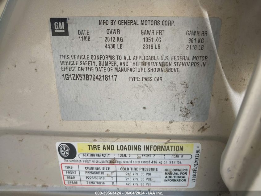 2009 Chevrolet Malibu Ltz VIN: 1G1ZK57B794218117 Lot: 39563424