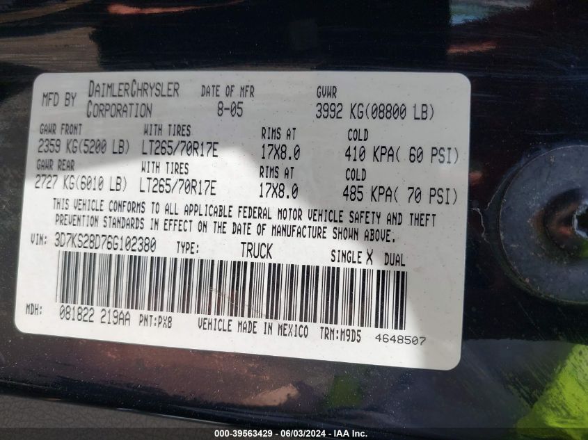 2006 Dodge Ram 2500 Slt/Trx4 Off Road/Sport/Power Wagon VIN: 3D7KS28D76G102380 Lot: 39563429