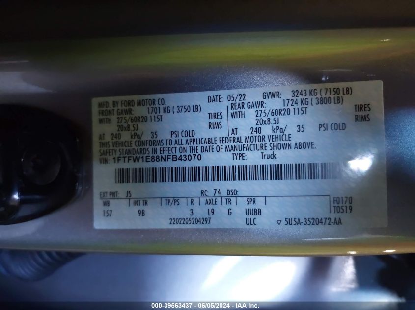 2022 Ford F-150 Platinum VIN: 1FTFW1E88NFB43070 Lot: 39563437