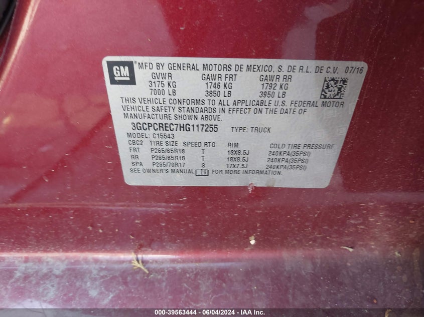 2017 Chevrolet Silverado 1500 1Lt VIN: 3GCPCREC7HG117255 Lot: 39563444