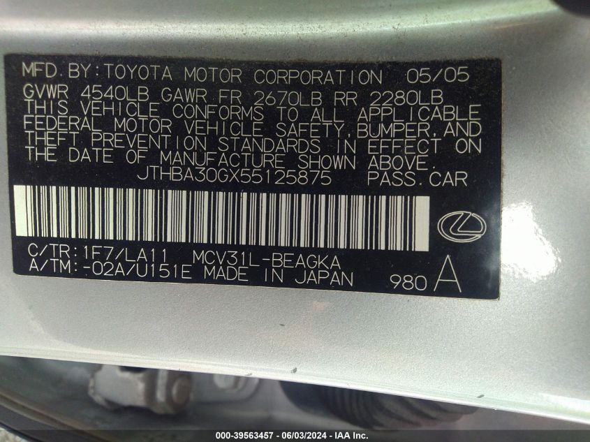 2005 Lexus Es 330 VIN: JTHBA30GX55125875 Lot: 39563457