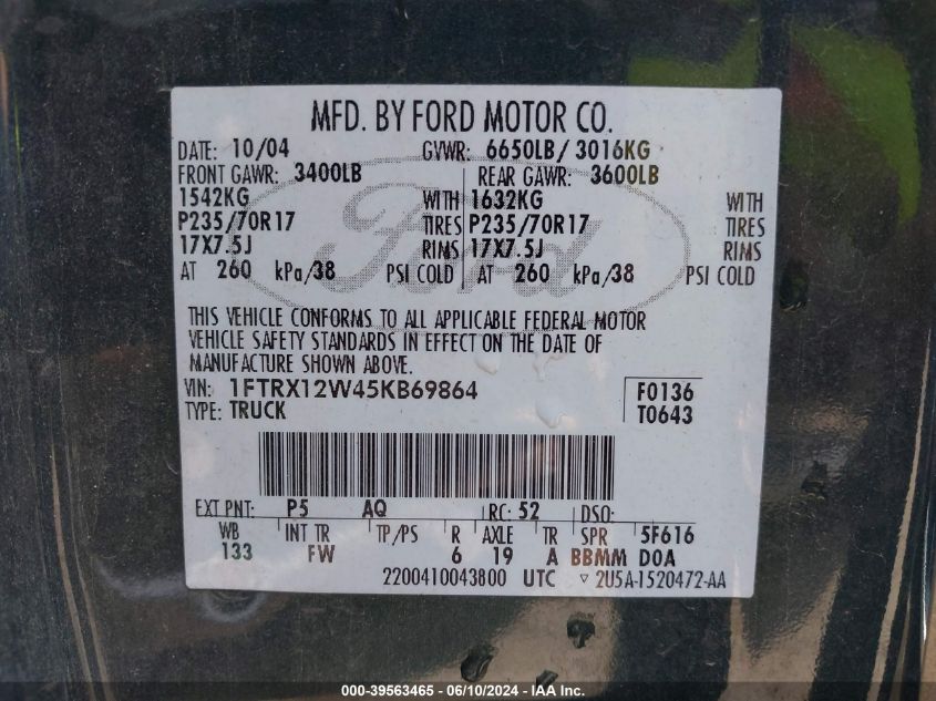 2005 Ford F-150 Stx/Xl/Xlt VIN: 1FTRX12W45KB69864 Lot: 39563465